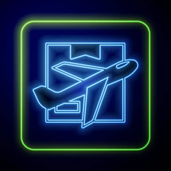 Zářící Neon Letadlo Lepenkové Krabice Ikona Izolované Modrém Pozadí Zásilka — Stockový vektor