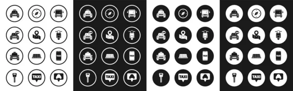 Set Bus Faltkarte Mit Ortsmarkierung Taxiauto Roller Kompass Telefonservice Und — Stockvektor