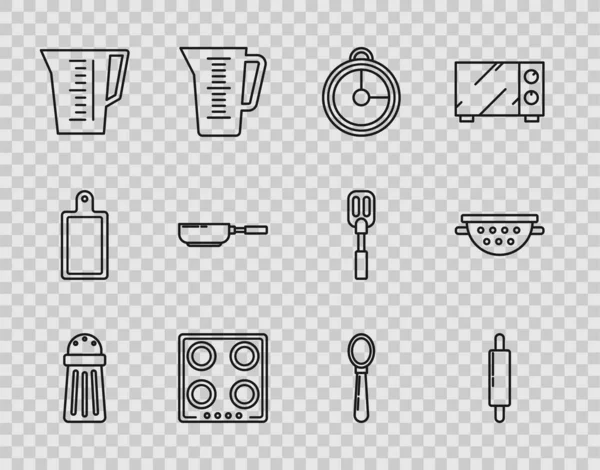 采购产品布线盐 厨房计时器 煤气炉 平底锅 勺子和油菜图标 — 图库矢量图片
