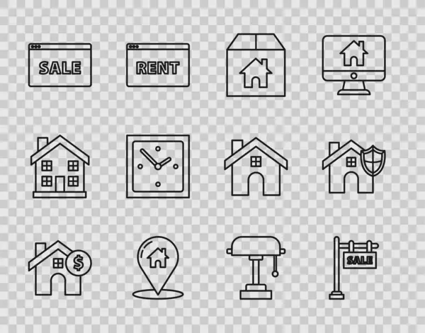 Setzen Sie Linie Haus Mit Dollar Symbol Hängende Zeichen Text — Stockvektor