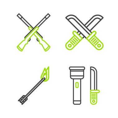 El feneri ve bıçak, alev oku çapraz avcı ve çapraz av tüfeği ikonu. Vektör