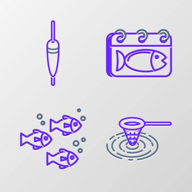 Balıkçılık ağını suya, takvimi de balık ve yüzen ikona ayarla. Vektör