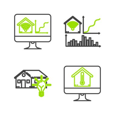 Bilgisayar monitörünü ev sıcaklığında, akıllı ve ampullü, ev kablosuz ve akıllı ikona ayarla. Vektör