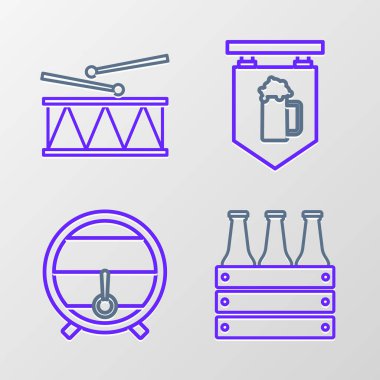 Çizgi halinde bira şişeleri, raflarda tahta fıçı, sokak tabelasının camları ve müzik aleti davul ve baget ikonu. Vektör