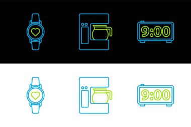 Hattı kurun dijital alarm saati, kalp atış hızını gösteren akıllı saat ve cam demlik ikonlu kahve makinesi. Vektör
