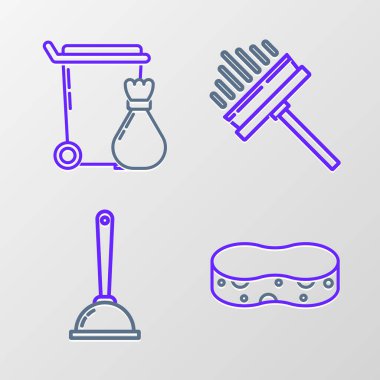 Sünger, tuvalet pompası, silgi, kazıyıcı, silecek ve çöp tenekesi ikonu. Vektör