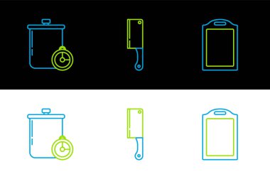 Hat kesme tahtası, yemek pişirme kabı, mutfak zamanlayıcısı ve et kesme ikonu. Vektör