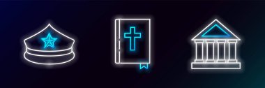 Mahkeme binası, papağanlı polis şapkası ve kutsal İncil ikonu. Parlayan neon. Vektör