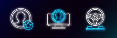 Satır Yarış simülatörü kokpitini ayarla, Premium hesap ekranı oluştur ve simge oluştur. Parlayan neon. Vektör