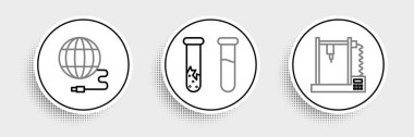 3D yazıcı, sosyal ağ ve test tüpü ve matara simgesini ayarla. Vektör