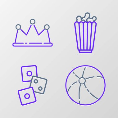 Plaj topu, zar oyunu, kutuda patlamış mısır ve Crown ikonu. Vektör