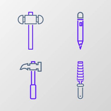 Tahta, çekiç, silgi ve balyoz ikonlu kalem için keski aleti ayarlayın. Vektör