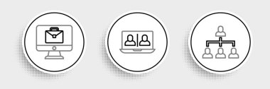 Hiyerarşi organizogram şemasını, online çalışma ve görüntülü sohbet konferans simgesini ayarla. Vektör