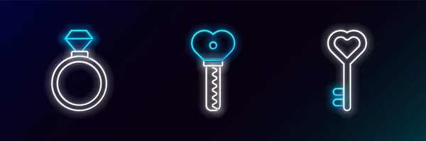Set Line Key Heart Shape Wedding Rings Icon Glowing Neon — Stock Vector