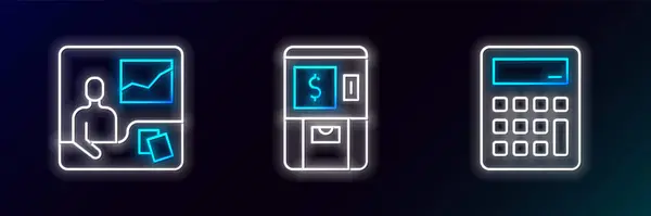 Hesap Makinesi Ticaret Kursları Atm Para Ikonu Ayarlayın Parlayan Neon — Stok Vektör