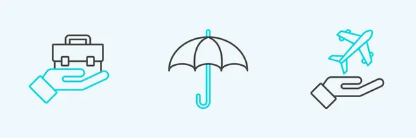 Ställ Linjen Planet Handen Hand Innehav Portfölj Och Umbrella Ikon — Stock vektor