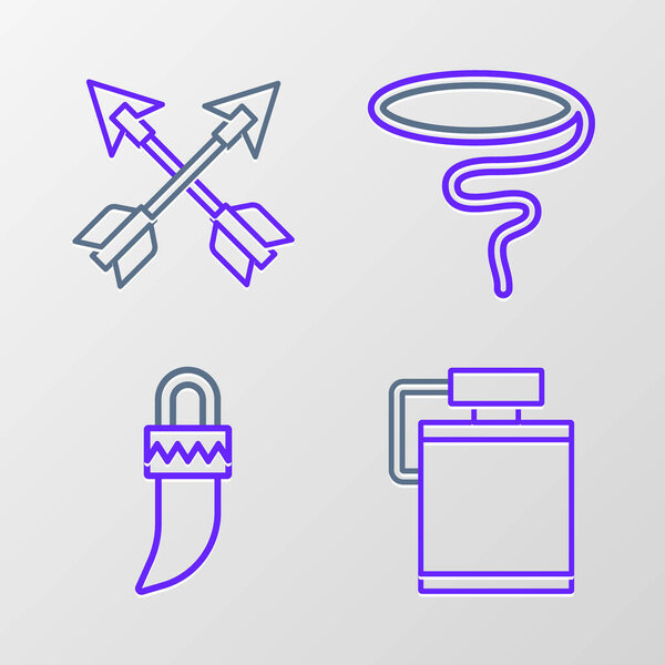 Set line Canteen water bottle, Tooth, Lasso and Crossed arrows icon. Vector