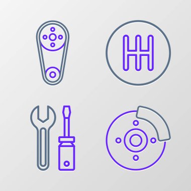 Hat oto fren diskini kalibre, tornavida ve ingiliz anahtarı, vites kolu ve zamanlama kemeri ikonu ile ayarla. Vektör