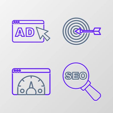 SEO optimizasyonunu, Web sitesi istatistiğini, Hedef ve Reklam simgesini ayarla. Vektör