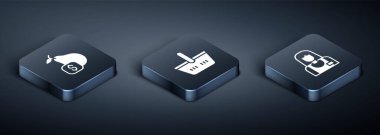 Isometric Price etiketini armut, satıcı ve alışveriş sepeti simgesi olarak ayarla. Vektör