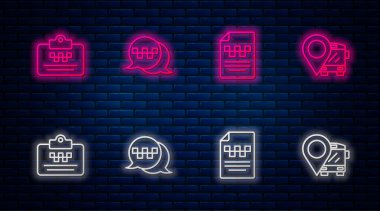 Taksi hattını, telefon servisini, ehliyeti ve otobüslü konumu ayarla. Tuğla duvarda parlayan neon simgesi. Vektör
