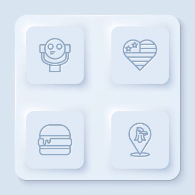 Line Turist dürbünü, ABD Bağımsızlık Günü, Burger ve Eagle. Beyaz kare düğme. Vektör