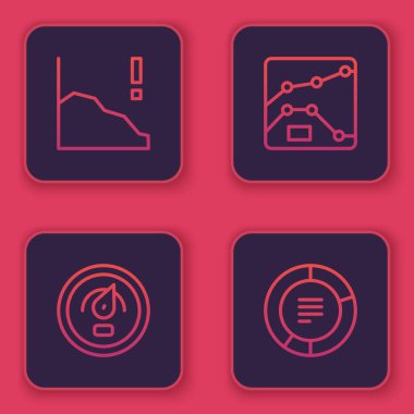 Satır Finansal büyüme azalması, Dijital hız ölçer, Grafik, grafik, diyagram ve turta bilgisini ayarla. Mavi kare düğme. Vektör