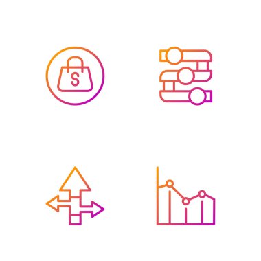 Satır çizelgesi bilgisini, Arrow 'u, Satış ve Grafik içeren alışveriş poşetini, çizelgeyi, diyagramı ayarla. Renk simgeleri. Vektör