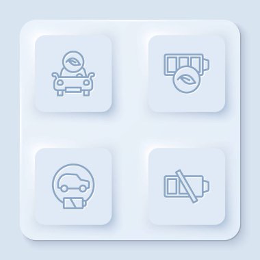 Çevre aracı, doğal yaprak bataryası, Elektrik ve Düşük. Beyaz kare düğme. Vektör