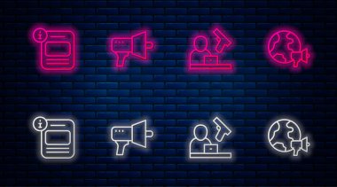Megafon, Suç Haberleri, Bilgi ve Dünya. Tuğla duvarda parlayan neon simgesi. Vektör