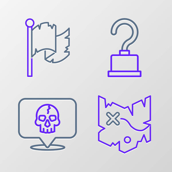 Set line Pirate treasure map, Skull, hook and flag icon. Vector