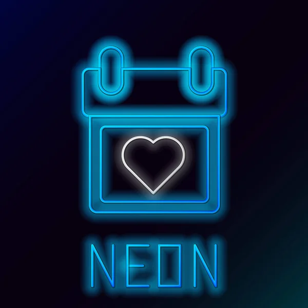 Glödande Neon Linje Kalender Med Hjärta Ikon Isolerad Svart Bakgrund — Stock vektor
