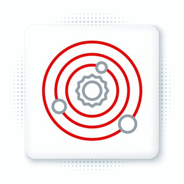 Beyaz arkaplanda izole edilmiş çizgi güneş sistemi simgesi. Gezegenler yıldızın etrafında dönerler. Renkli taslak konsepti. Vektör.