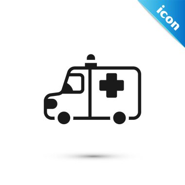 Gri ambulans ve acil durum arabası ikonu beyaz arka planda izole edildi. Ambulans aracı tıbbi tahliye. Vektör.