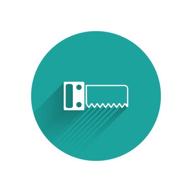 Beyaz El uzun gölgeli bir ikon gördü. Yeşil daire düğmesi. Vektör.