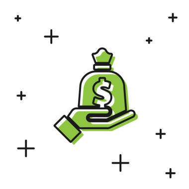 Siyah El para çantası ikonunu beyaz arka planda tutuyor. Dolar ya da USD sembolü. Nakit bankacılık tabelası. Vektör.