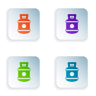 Renkli propan gaz tankı ikonu beyaz arkaplanda izole edildi. Yanabilir benzin deposu ikonu. Kare düğmelere renkli simgeleri yerleştir. Vektör