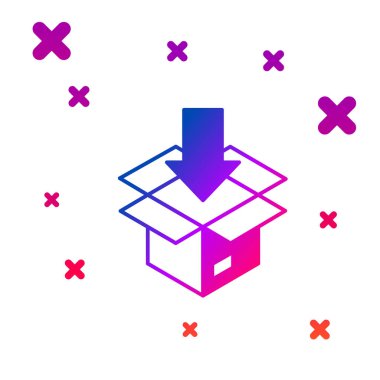 Beyaz arkaplanda izole edilmiş renkli karton kutu simgesi. Kutu, paket, paket işareti. Teslimat ve ambalaj. Kademeli rastgele dinamik şekiller. Vektör