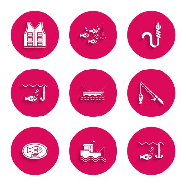 Balıkçı teknesini suya olta, altına kanca ve tahtaya asılı kupa, solucan ve ceket ikonu ile ayarlayın. Vektör