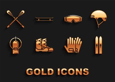 Boots Miğfer Kayağı 'nı ayarlayın ve eldivenli su gözlüğü çapraz raket ve kaykay simgesi yapıştırın. Vektör.