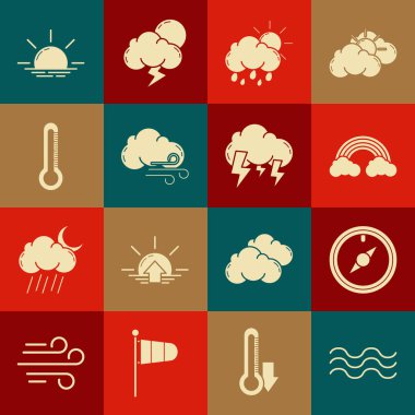 Set Dalgaları, Rüzgar Gülü, Bulutlu Gökkuşağı, Bulut Yağmuru ve Güneş, Rüzgarlı Hava, Termometre, Gün Doğumu ve Fırtına ikonu. Vektör