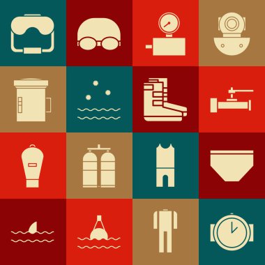 Dalış saati, yüzme şortu, endüstriyel metalik borular ve valf ayarlayın, gösterge ölçeği, soğuk dalgalar, dalgıç için büyük el feneri, maske ve bot simgesi. Vektör