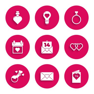 Zarfı Sevgililer Günü broşürü, İki Bağlı Kalpler, Şişe Aşk İksiri, Takvim, Evlilik Yüzükleri ve Simgesi ile Ayarlayın. Vektör