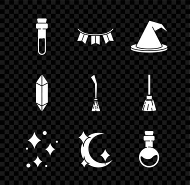 Aşk iksiri şişesi, karnaval çelengi bayrakları, cadı şapkası, ışıldayan yıldızlar sihirli parıltı, Ay, Sihirli Taş ve cadı süpürgesi ikonu. Vektör