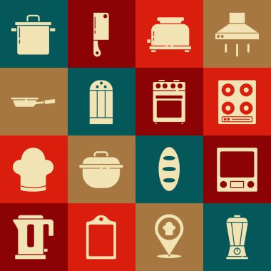 Blender, elektronik teraziler, gaz sobası, tost makinesi, tuzluk, kızartma tavası, pişirme kabı ve fırın ikonu. Vektör