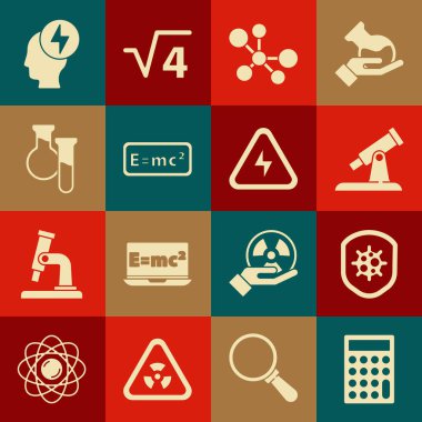 Hesap makinesini, kalkanı virüs, teleskop, molekül, denklem çözeltisi, test tüpü ve matara, baş elektrik sembolü ve yüksek voltaj ikonundan koru. Vektör