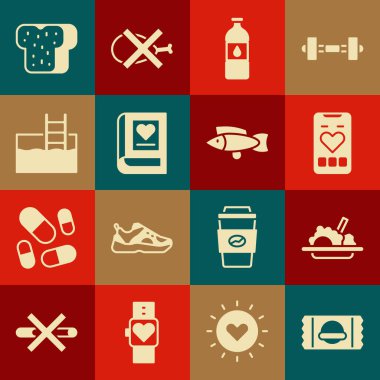 Spor seti, sağlıklı beslenme, kalp atış hızı olan mobil, bir şişe su, tıp kitabı, yüzme havuzu merdiveni, ekmek tostu ve balık ikonu. Vektör