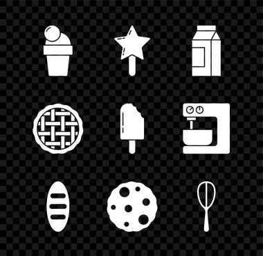 Dondurma, lolipop, süt paketi, ekmek ekmeği, kurabiye bisküvisi, mutfak çırpısı, ev yapımı turta ve ikon. Vektör