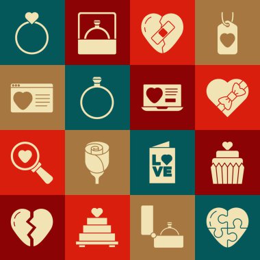 Set Heart, yürekli düğün pastası, Candy şeklinde kutu, iyileşmiş kırık yüzük, elmas nişan yüzüğü, internetteki flört uygulaması, yüzükler ve ikon. Vektör