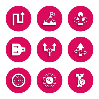 Ok, İngiliz anahtarı ve teçhizat, saat, pasta grafiği ve simge ayarla. Vektör